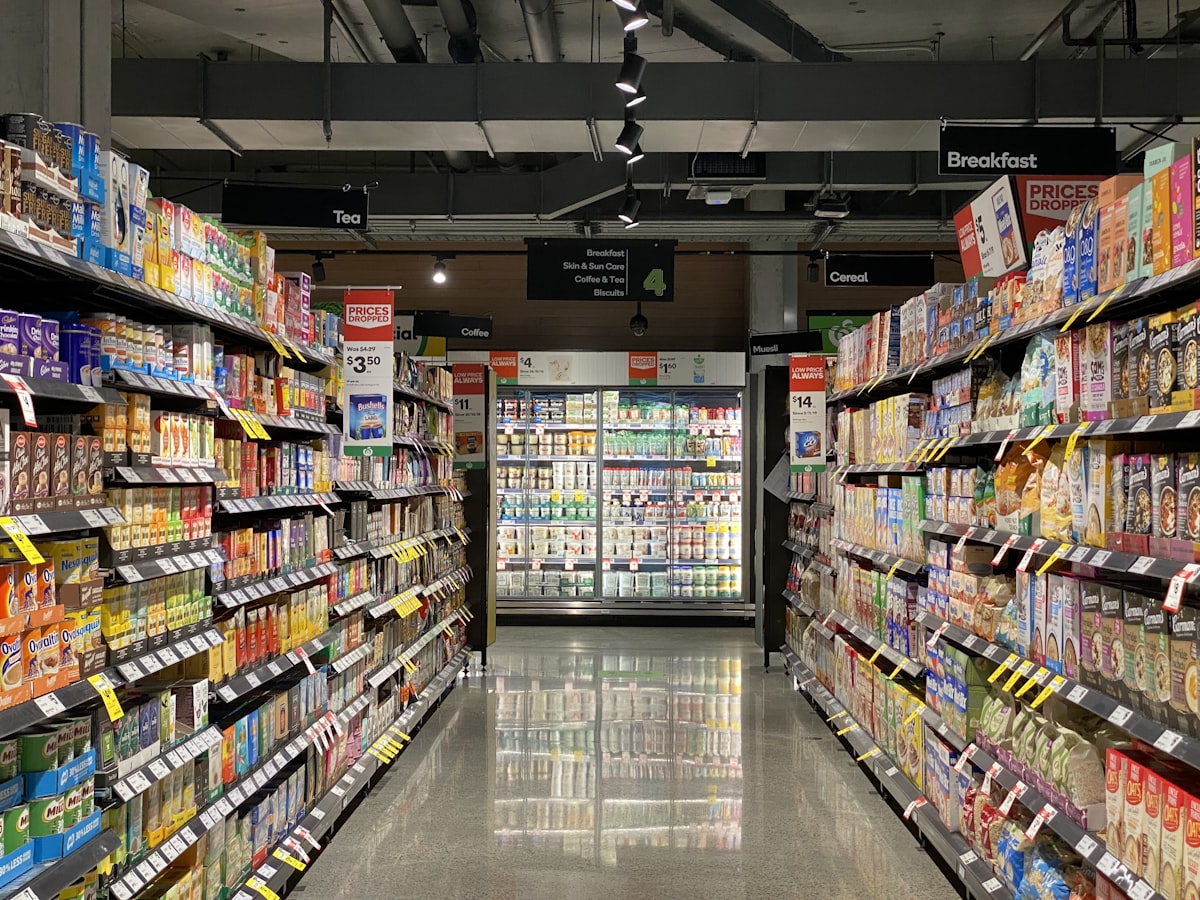 Store aisle during an active trading shift